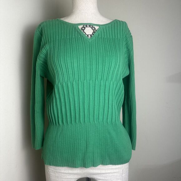 RQT 3/4 Sleeve Ribbed Sweater Top Pewyer Embellishing Neckline Size Medium EUC - Picture 1 of 8